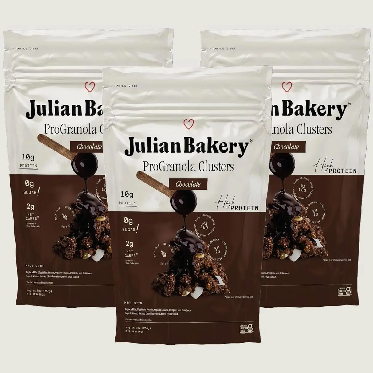 Julian Bakery® ProGranola® Cereal | Chocolate | 10g Protein | 11g Fiber | Paleo | 2 Net Carbs | Gluten-Free | Grain-Free | High Protein & High Fiber | 9oz (3 PACK)