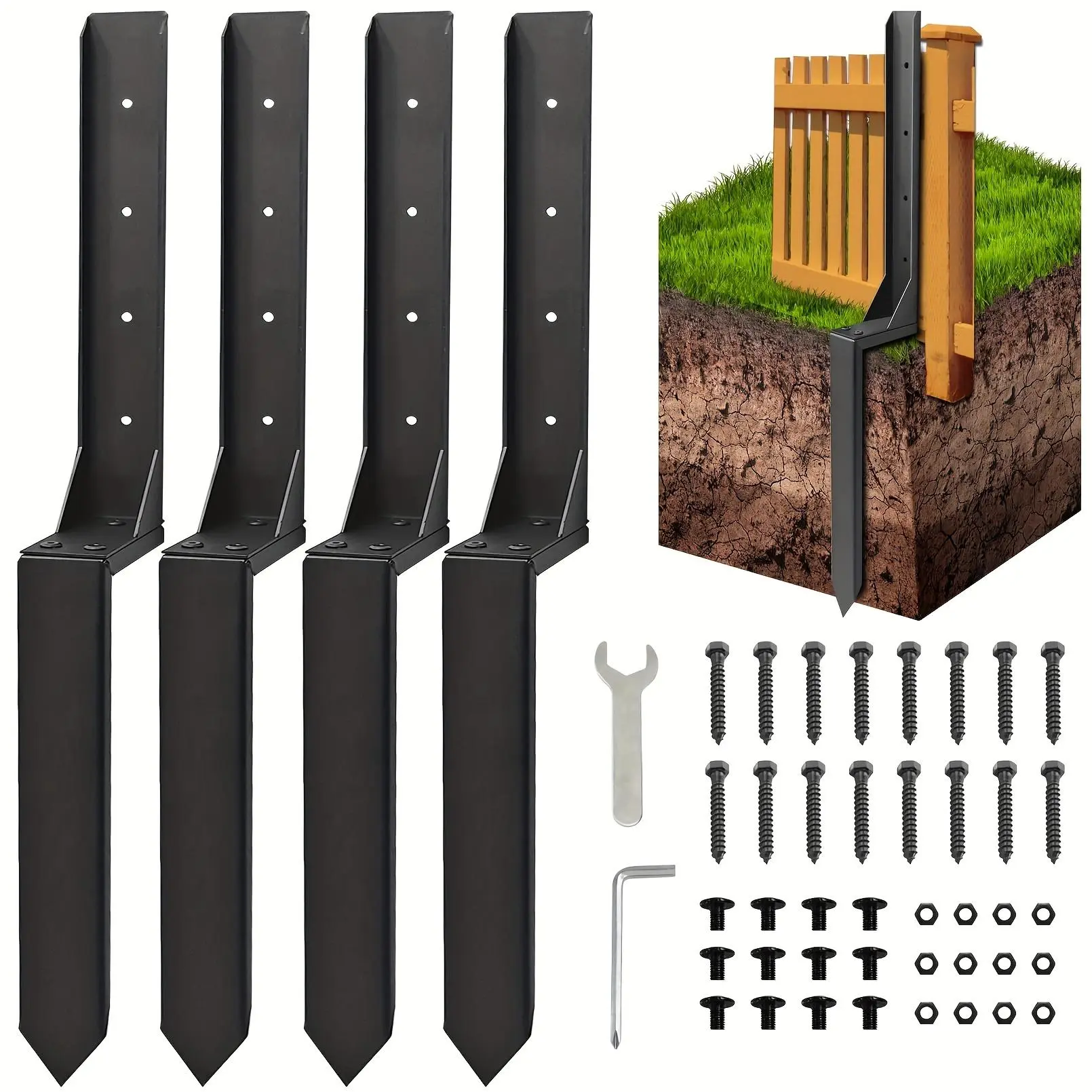 4 sets/2 sets of heavy duty steel fence post repair kits with adjustable brackets, pre-drilled holes, and hardware for easy assembly - robust metal construction to repair tilted/broken wooden fence posts