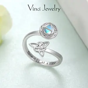 925 Elegant Synthetic Moonstone Open Ring with Unique Heart Celtic Design, One Day At a Time Engraving Memorable Ring Jewelry for Women, Protection Ring Perfect Gift for Girls or Lover, Birthday Christmas Valentine's Day Gift