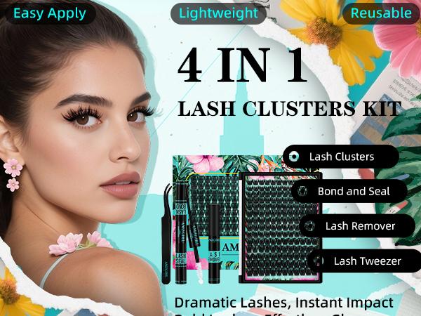 AMZGIRL LASH Tulip 168Pcs  Waterproof DIY Individual Lashes Clusters Kit with Long-lasting Lash Bond Seal | Tweezers | Remover |  D curl 10-18mm |Beginners Friendly | Fluffy | Must-have Cosmetic | Lightweight | Makeup Eyelash Glue Extension Eyelash Falsie