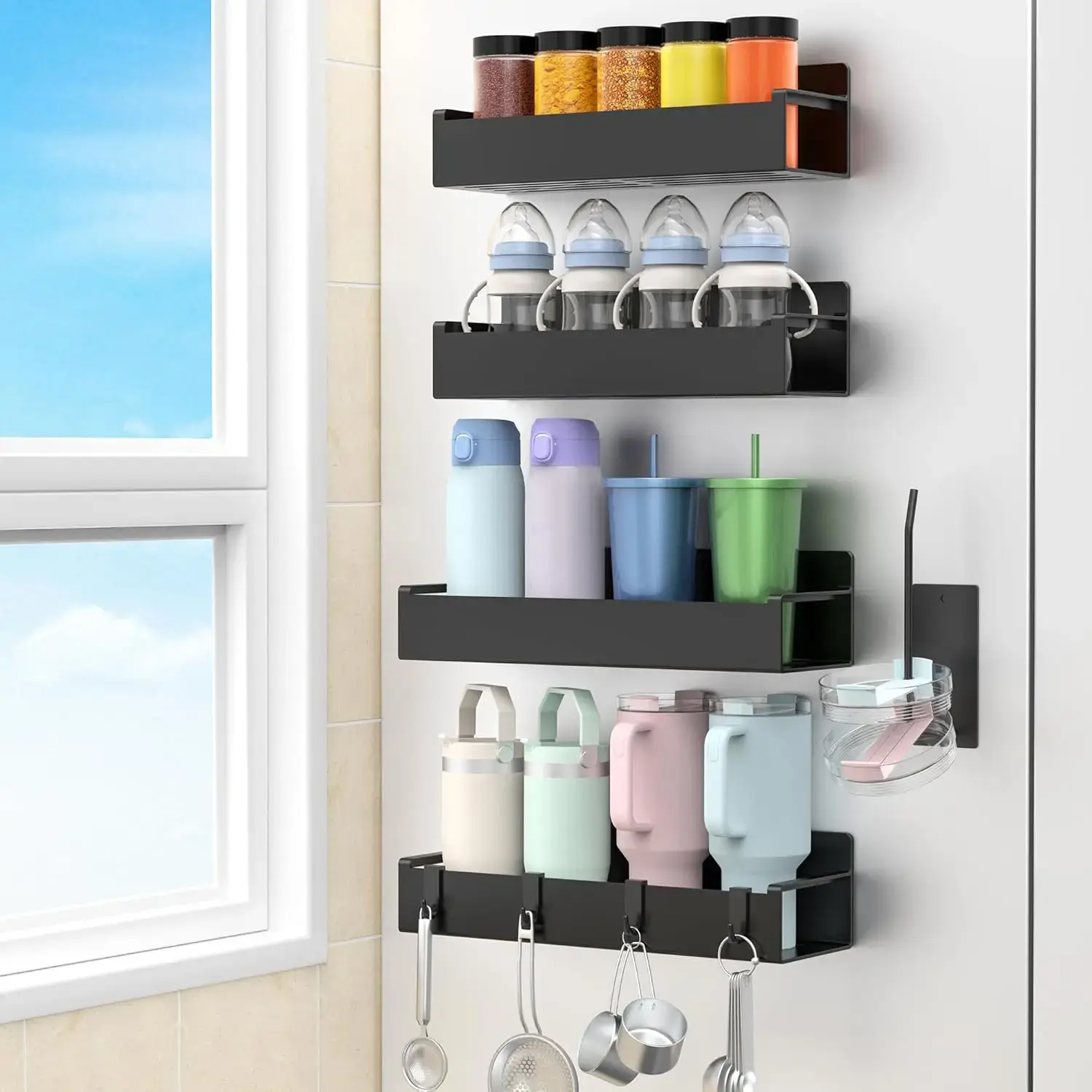 4-Pack Black Magnetic Spice & Seasoning Rack for Refrigerator - Fridge-Mounted Storage Shelf Holder with 4 Detachable Hooks, Space-Saving Kitchen Accessory Organiser for Pantry & Countertop, Kitchen Accessories, Shelves