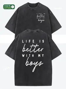 Fashion Printed Pattern Women'S Retro Washed T-Shirt | Thick, Round Neck, Short Sleeve, Unique Style, Washable, Not Dry Cleanable, Spring Summer Casual Wear, Loose Fit