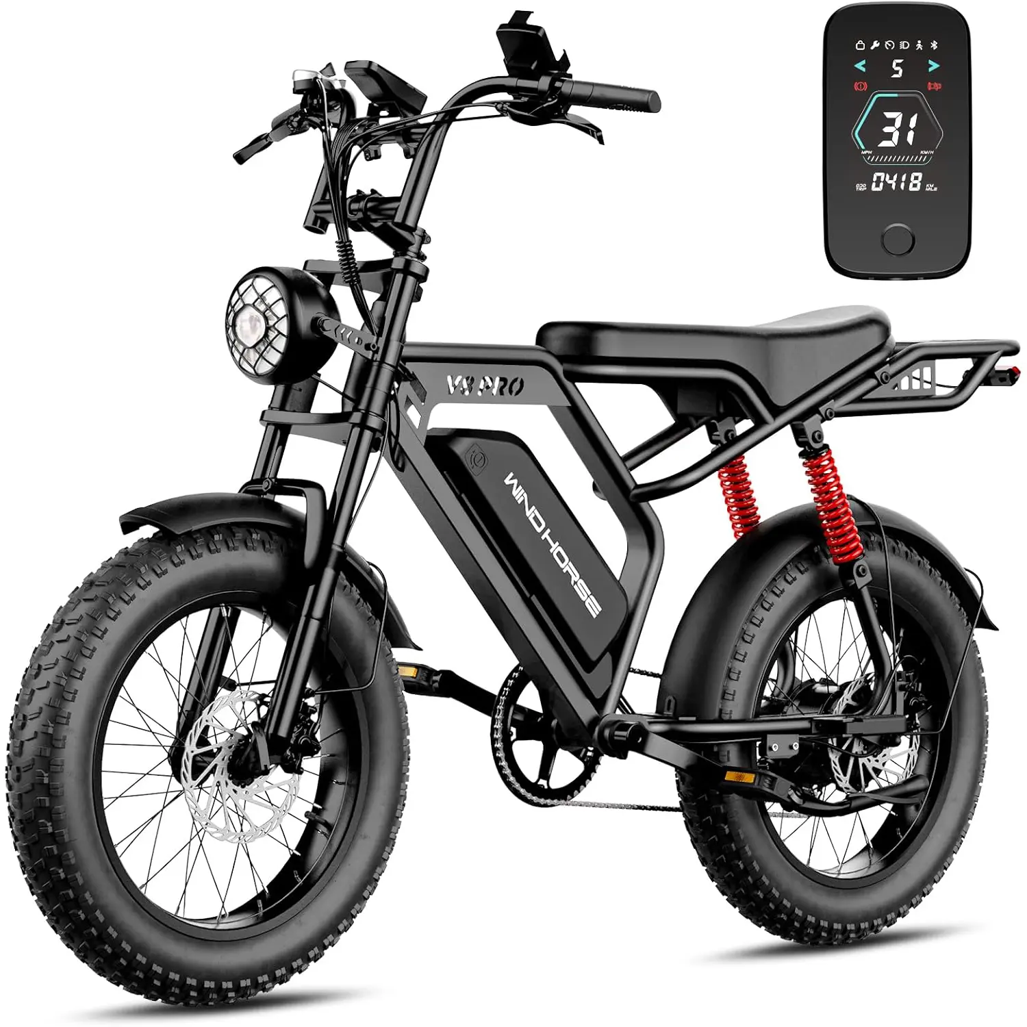 Windhorse V8 Pro Fat Tire Ebike, 20" Wheels, 750W Brushless Motor, 48V 15.6AH Battery, 31MPH Max Speed, 65 Mi Range, All-Terrain Sports & Outdoor Cycling Equipment