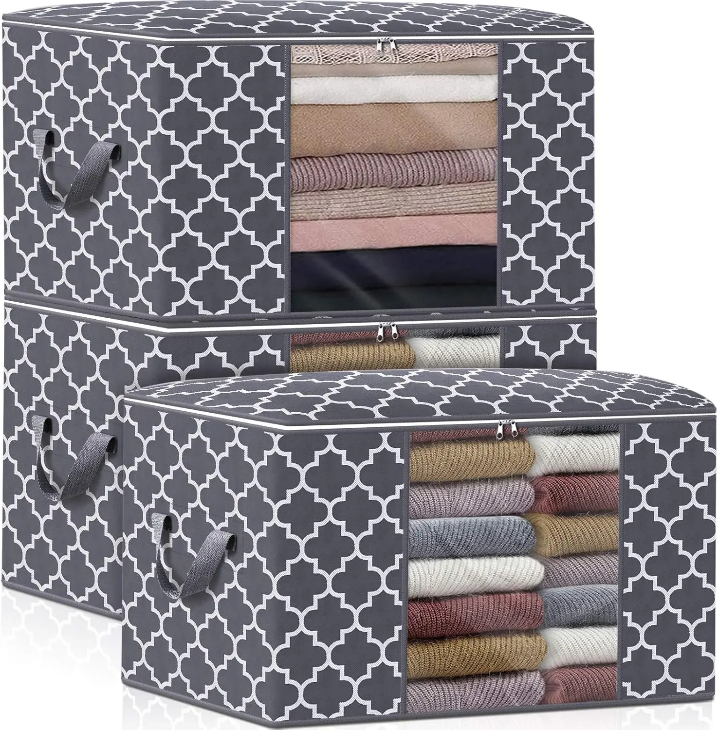 Storage Bags, Large Blanket Clothes Organization and Storage Containers for Bedding, Comforters, Foldable Organizer with Reinforced Handle, Clear Window,Sturdy Zippers,(Grey, 3 x 100L)