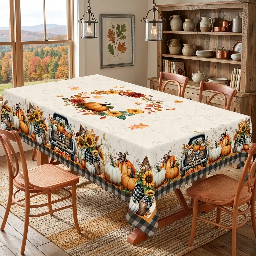 GTHREED 1-Piece Rectangular Farmhouse Print Fall Pumpkin Truck & Sunflower Tablecloth for Dining Room Table, Kitchen, Thanksgiving Decor