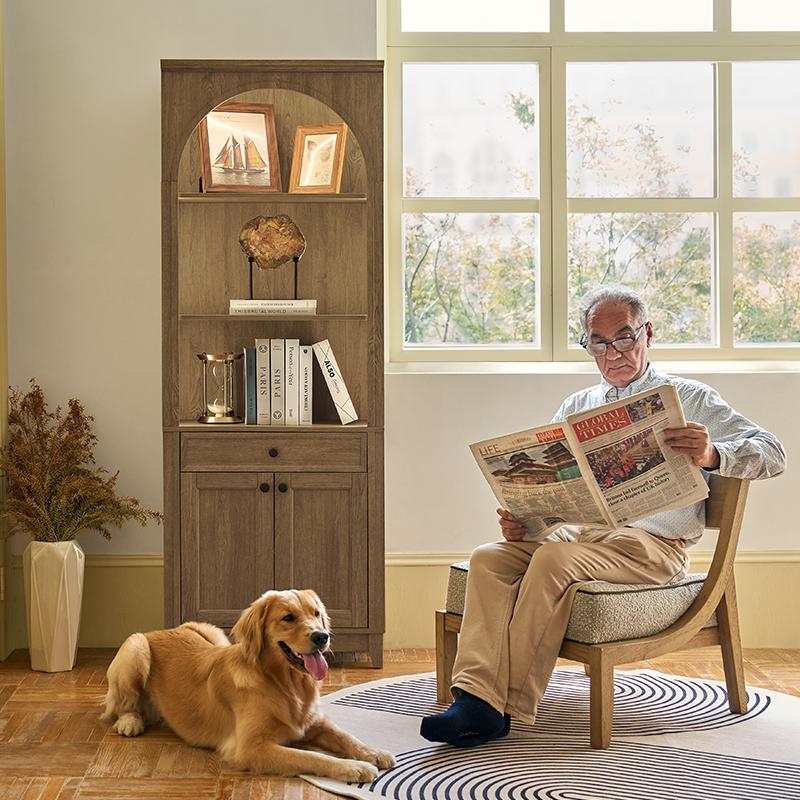 Hulala Baggio Modern Storage Bookcase with Smooth-Glide Drawer, Built-in LED Light, Arched Shape, Touch Switch for Three Lighting Options, Bookshelf, Living Room, Aesthetic