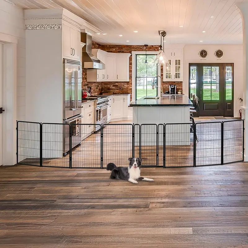 FXW Enclosed Metal Panel Dog Gate - 8 Panels, Up to 219" Wide, 24"/32"/40"/45" Height, Anti-Slip Pads, Wall-Secure Anchors, Fits Rooms/Stairs/Garages, Sleek Metal Look Blends with Decor, Indoor Use