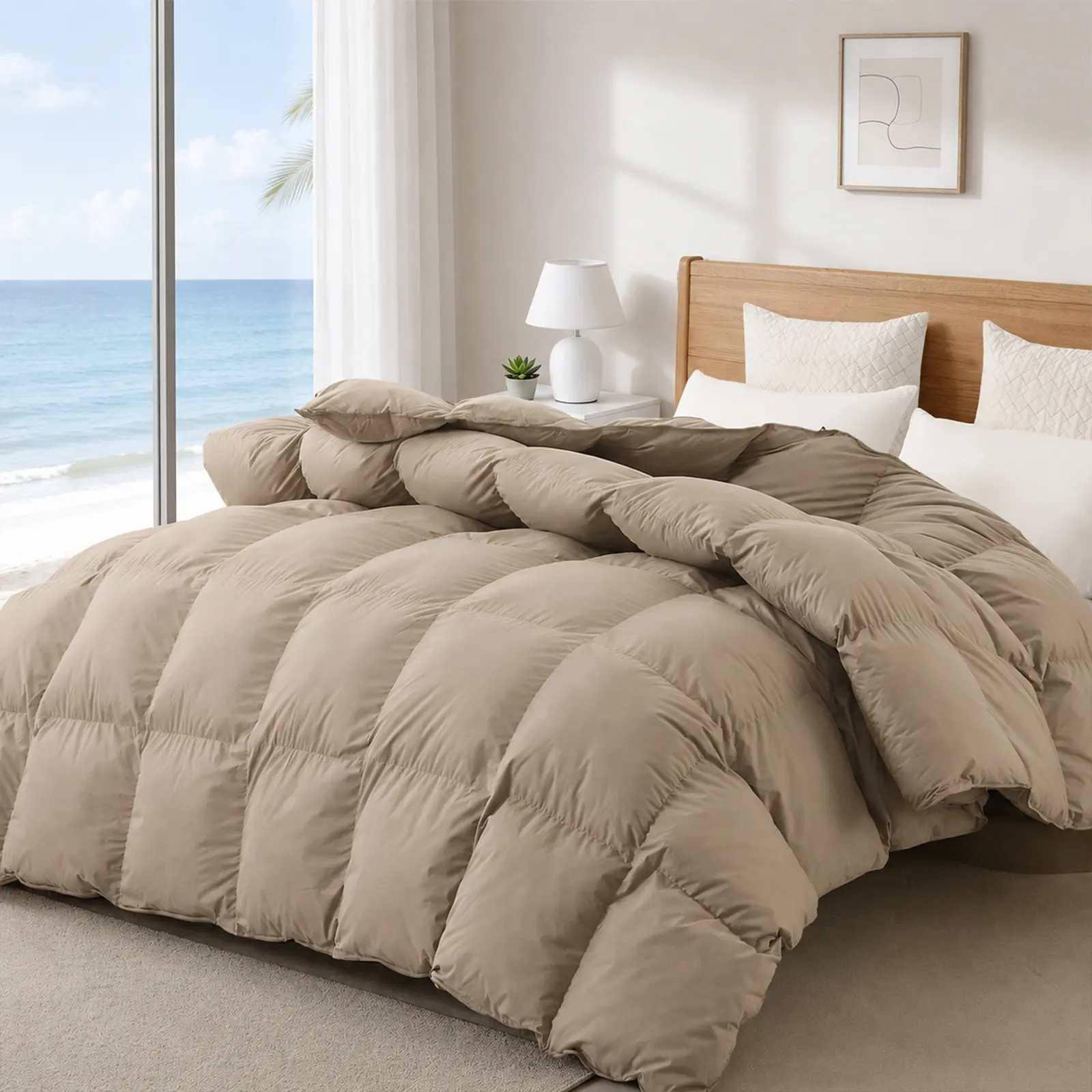 InnerNight Sleep King Size Classic Plain Premium Cotton Khaki  Quilted Duvet Insert - 100% Cotton Shell, All-Season Warmth, Hypoallergenic, Box-Stitch, Breathable, Machine Washable Bedroom Decor Comforter, Machine Washable Duvet
