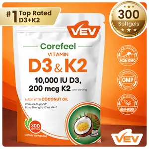 VEV Corefeel Vitamin D3 K2 10000 IU, 300 Virgin Coconut Oil Softgels,2in 1 Vitamins Supplement D & K, Dietary Supplemental Pack