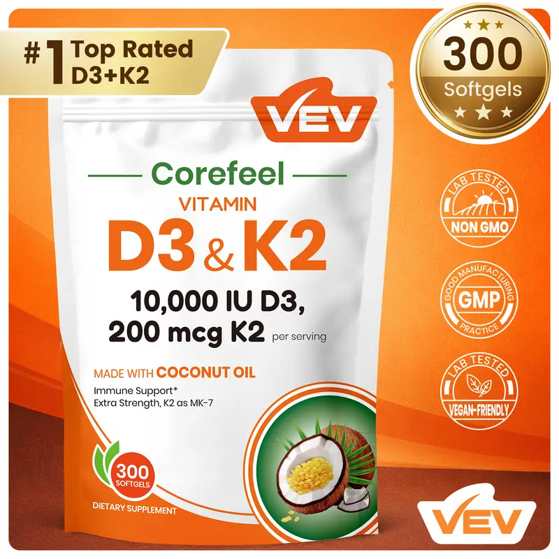 VEV Corefeel Vitamin D3 K2 10000 IU, 300 Virgin Coconut Oil Softgels,2in 1 Vitamins Supplement D & K, Dietary Supplemental Pack