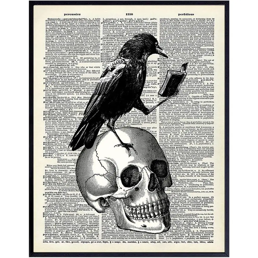 Edgar Allan Poe The Raven Gothic art- Vintage Skull Home Decor, Room Decoration for Goth Fans - Horror Poster - Spooky Wall Art, Creepy Decorations - Gothic Room Decor Aesthetic for Halloween Kitchen Paintings