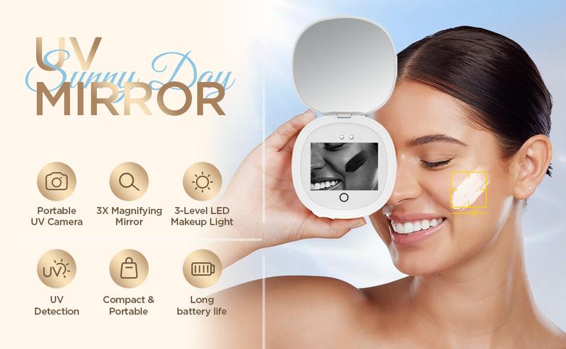 DayIn UV Mirror for Sunscreen Test with UV Camera, Sun Protection Visualization Travel Makeup Mirror with LED Light and 3X Magnification Pocket Mirror