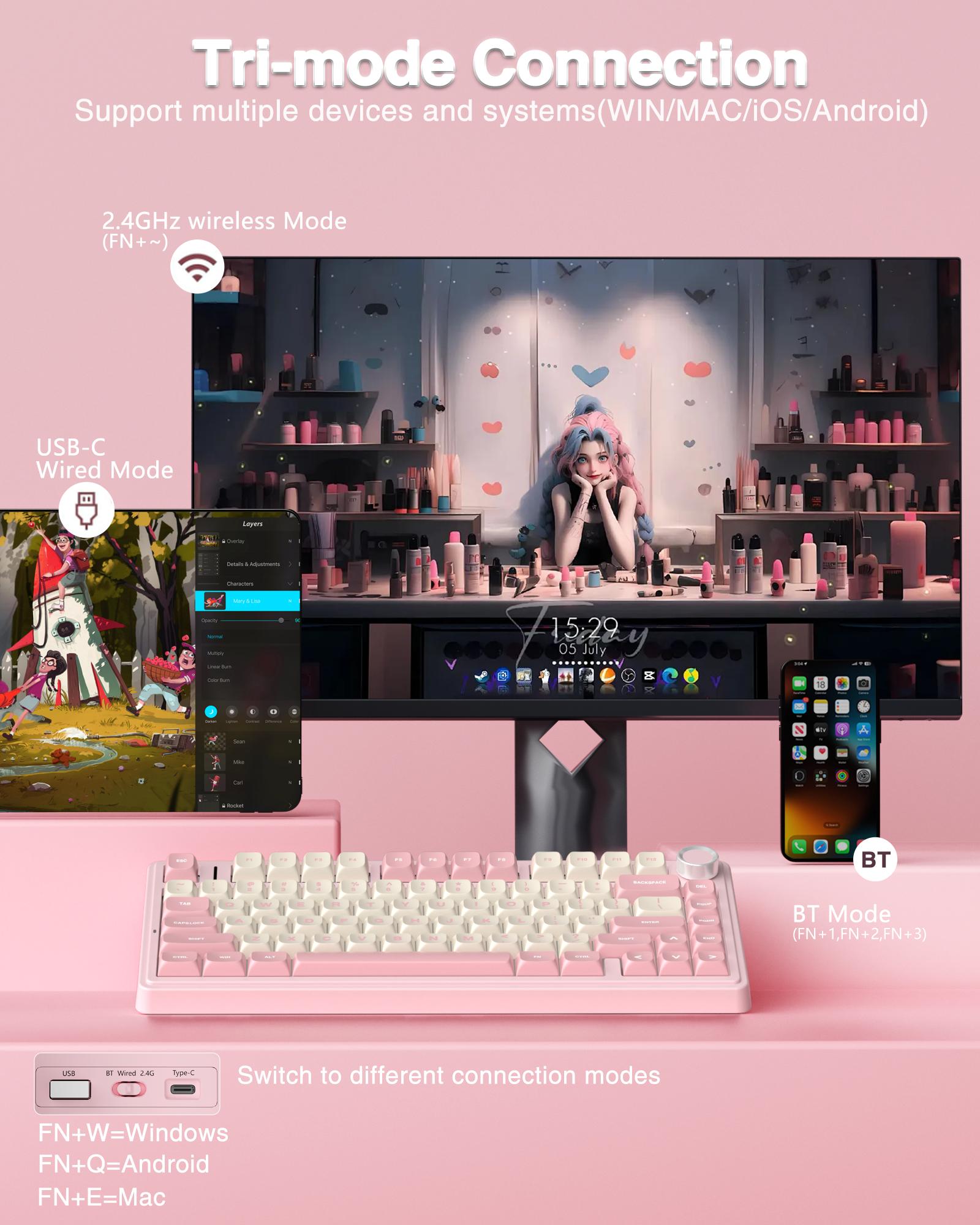 AULA F75 Cute Pink 75% Mechanical Wireless Keyboard – Creamy Sound, Pastel Desk Setup Aesthetic, Wireless Tri-Mode, Hot Swap, RGB Backlit Keyboard for Girls