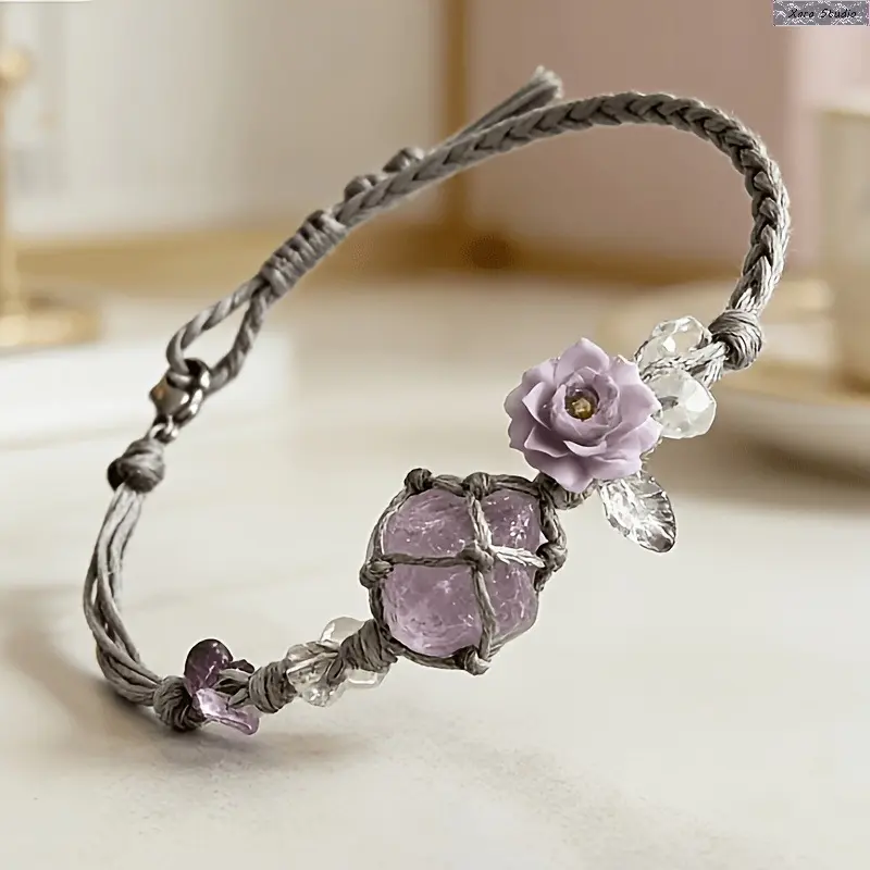 Women's Handmade Adjustable Natural Amethyst Crystal Bracelet with Purple Rose Charm - Beach Charm Bracelets & Bangles for Adults, Spiritual Aesthetic Healing Energy Jewelry, Daily Accessory, Birthday Gift