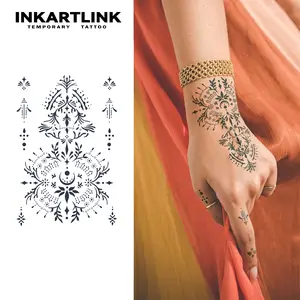 INKARTLINK Temporary Tattoos, 2 Sheets Medium Semi Permanent Tattoo Adult Art Design Waterproof Temp Tattoo Party Favors Realistic Look, No Adhesive, Lasts 1-2 Weeks Black (Henna Design)
