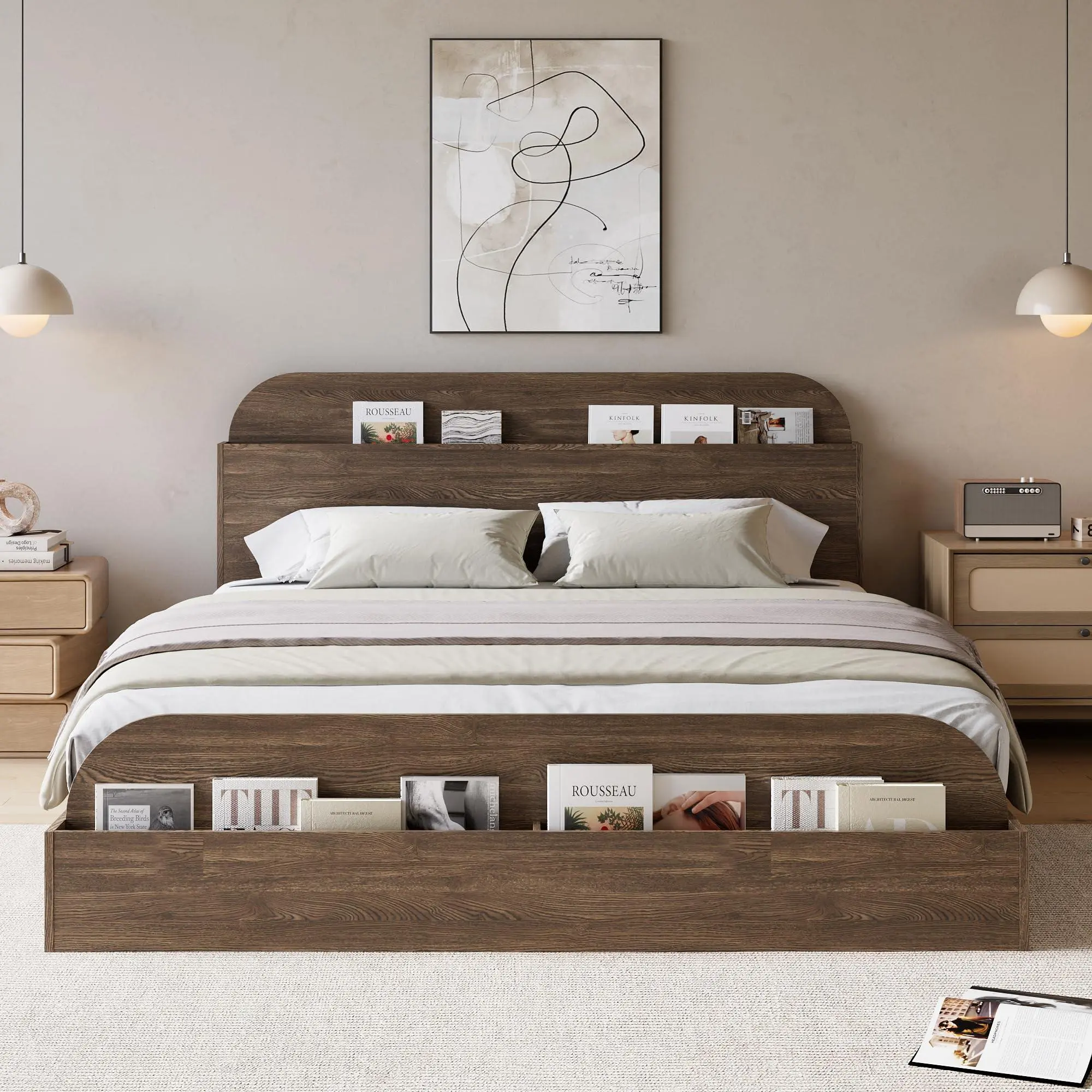 Gaomon Queen Size Bed Frame - Walnut Solid Wood Low Platform Bed with Storage Headboard, Raised Footboard, Sturdy Slat Support, No Box Spring Needed, Easy Assembly Required, Silent, Space-Saving, Simple Look for Bedroom