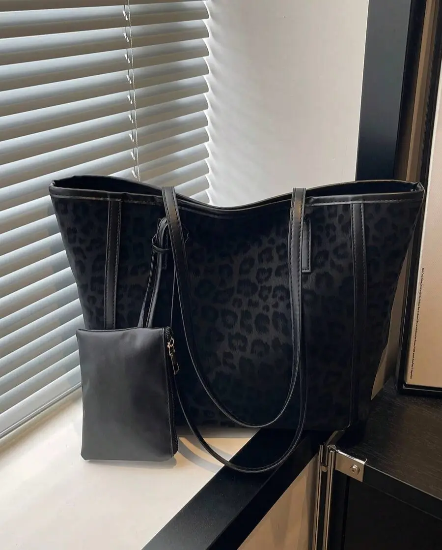 Women's Leopard Print PU Leather Tote Bags - 2pcs Large Capacity Everyday Bags with Dual Handles, Lightweight for Commuting, Work (Ideal for Young Women), Work Bags For Women