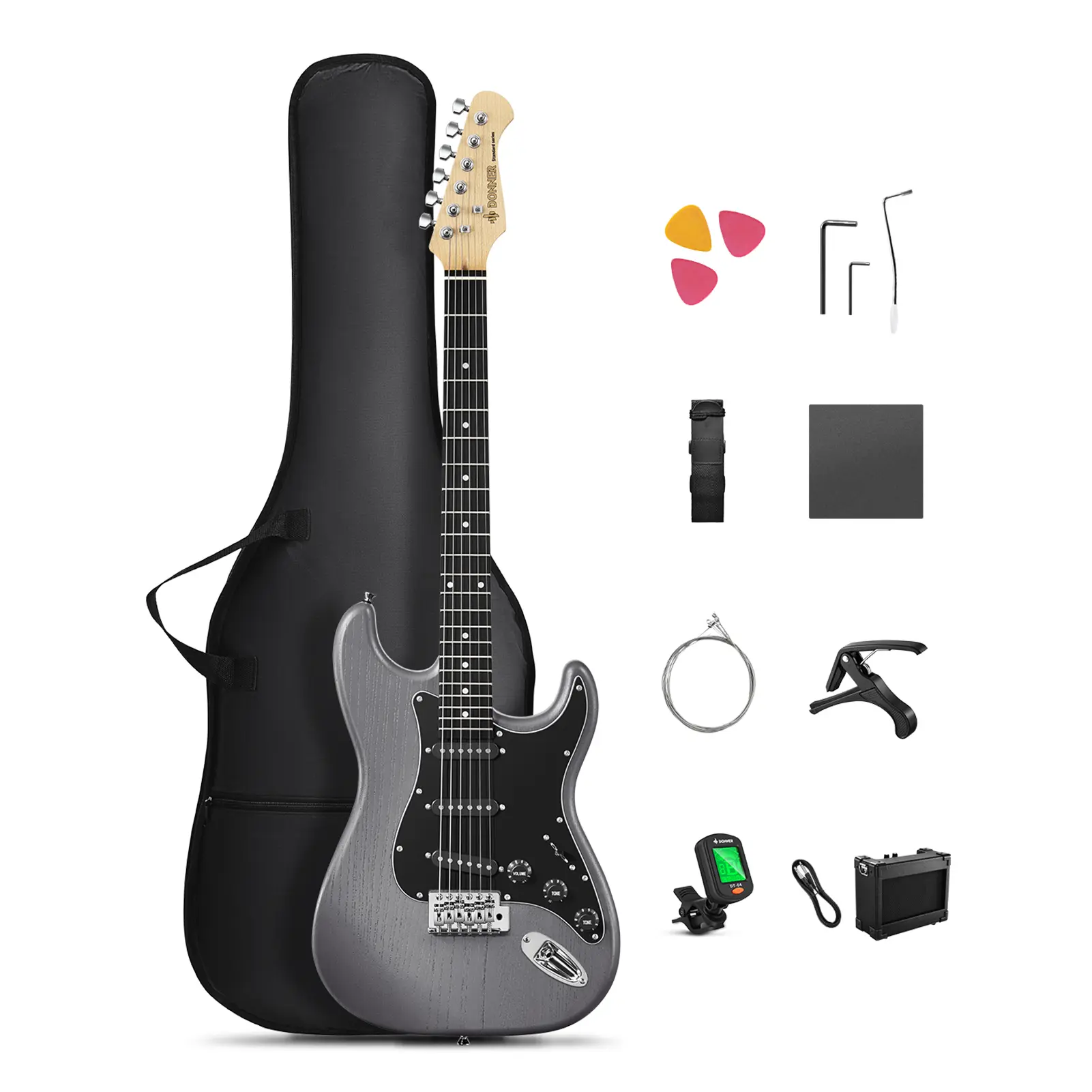Donner DST-80 ST All-in-1 Guitar Kit for Beginners - Rechargeable Batteries, Adjustable Gain, SSS Pickups, Mini Combo Amplifier, 2 Tone Channels, Gig Bag, Strap, Strings, Tuner, Cable, Capo, Picks, Gift Ideas for Music Lovers, Guitars & Gear Accessories,