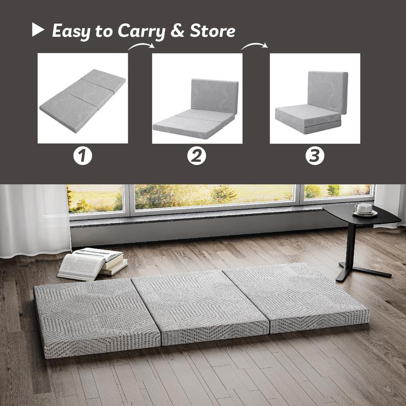 EGO Tri Folding Memory Foam Topper, Travel and Yoga Mats, 4 inch Single topper with Washable Cover, Twin Full Queen King
