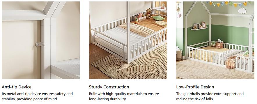 LIKIMIO Twin Bed Frame with Storage, Floor Metal House Bed with Fence Guardrails, No Box Spring Needed, Space Saving for Bedroom and Dorm, Easy Assembly