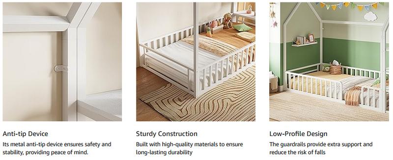 LIKIMIO Twin Bed Frame with Storage, Floor Metal House Bed with Fence Guardrails, No Box Spring Needed, Space Saving for Bedroom and Dorm, Easy Assembly