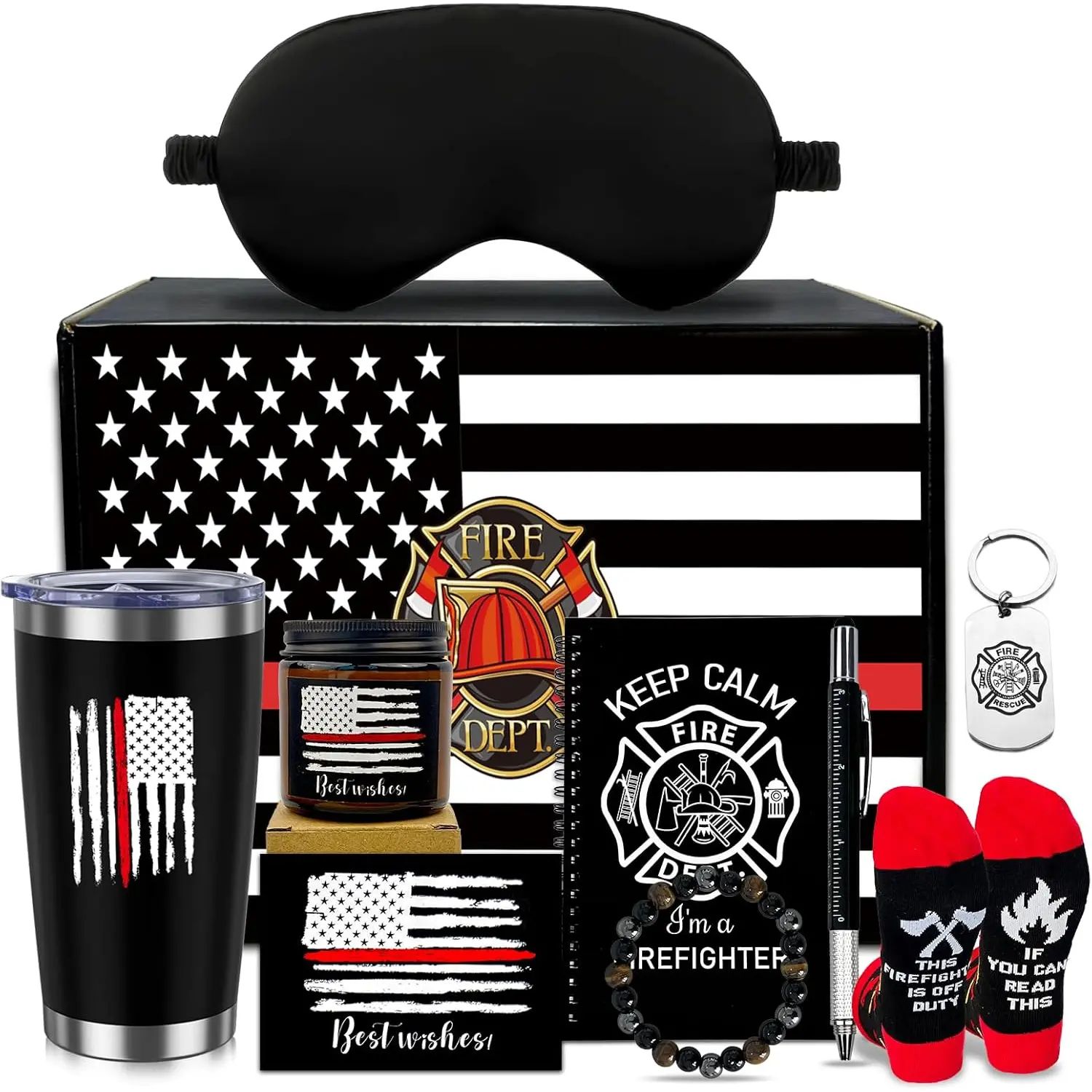 10 Pcs Firefighter Gifts Set for Men Fireman Gifts Bulk Include Notebook Pen Tumbler Keychain Sock Aromatherapy Eye Mask for Firefighter Dad Husband Son Birthday Graduation Present Party Favors