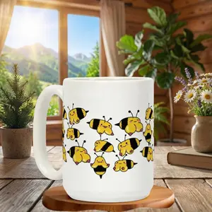 Cute Bee Pattern 11oz Mug, Kawaii Cartoon Bumblebee Design, Adorable Animal Ceramic Coffee Cup, Aesthetic Gift Mug