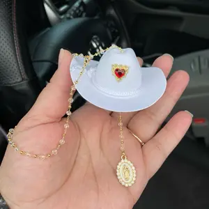 Virgin Mary Car Blessing Charm ,  Gold Plated Brass Chains, Red  heart charm, rear view mirror charm