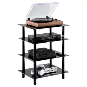 VEVOR 4-Tier AV Media Stand,  , Audio/Video Stand with Strengthened Tempered Glass Shevles for DVD/Cable Boxes/Games Consoles, Height Adjustable Media Storage Cabinet for Recording Room Organiser Rack