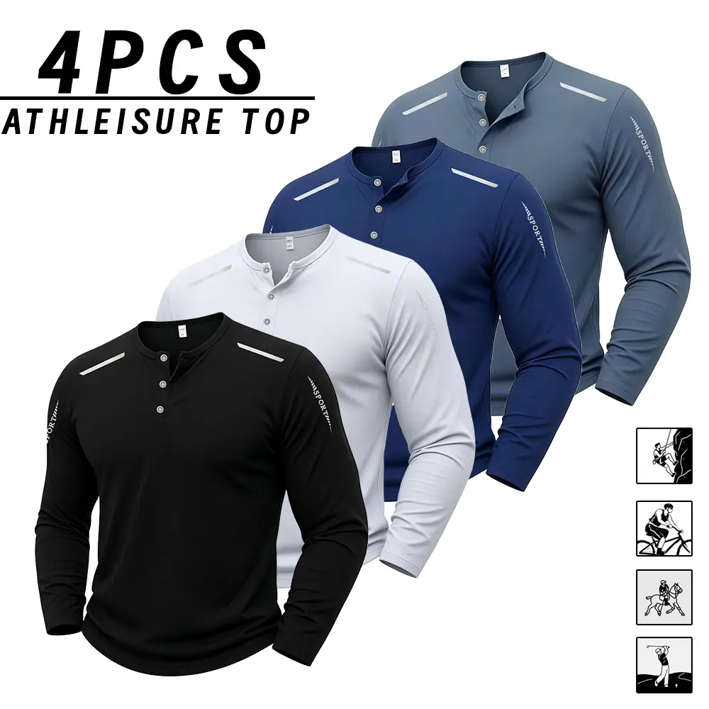 Men’s long-sleeve Henley shirt set, 4 pieces, sporty casual style, printed designs, available in multiple colors, suitable for everyday wear, weekend outings, golf, and cycling; new autumn collection, knit fabric.