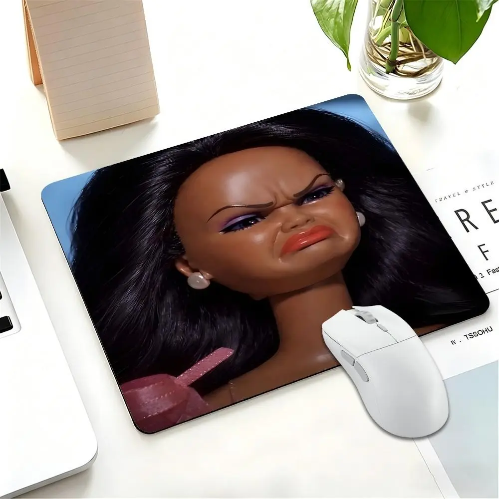 Grumpy Disgusted Black Hair Doll Small Square Mouse Pad, Non Slip Computer Mouse Pad, Stitched Lockedge Rubber Anti-Slip Protective Desk Mat, Perfect for Office Workers, Gamers & Home Desktop Decoration, Gaming Mouse Pad, Mouse Pad for Laptop
