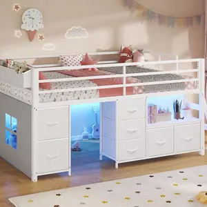 Sikaic Low Loft Bed Twin Size with 7 Storage Drawers, Bookcase and LED Lights, Metal Kids Loft Bed with 14" H Safety Guardrail, Inclined Ladder and Play Curtain, Under-Bed Play Space