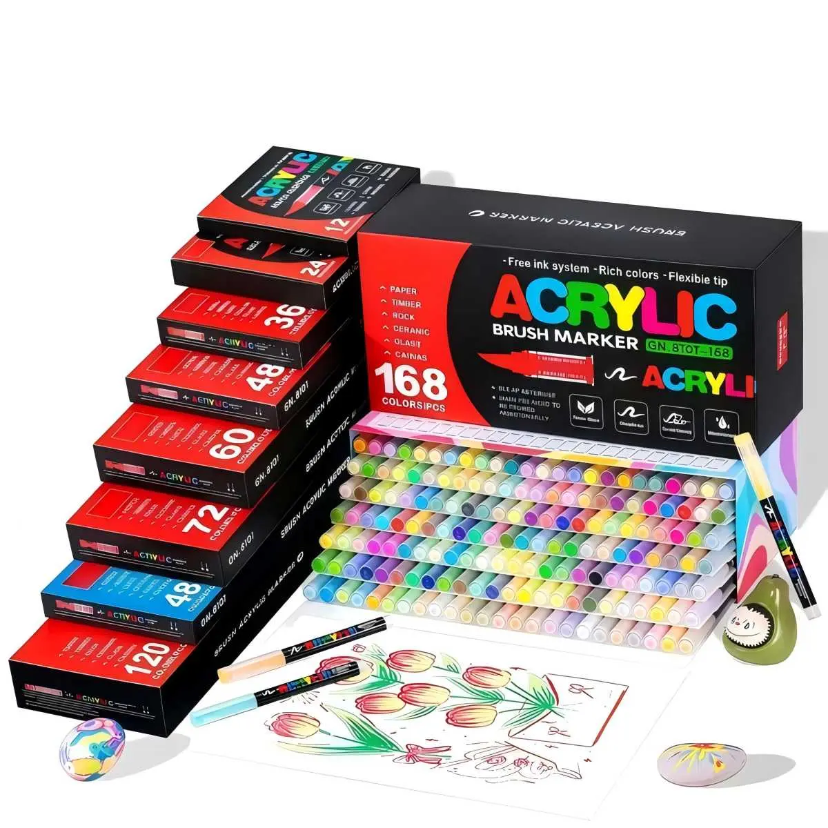 36-Color Automatic Ink Control Acrylic Marker Set - Brush Tip Art Materials, Colorful Markers for Coloring, Rock-Fabric Art Supplies with Pastel Storage Box - Office Stationery for Sons, DIY Crafts, Stocking Stuffers, Colorful Marker Set