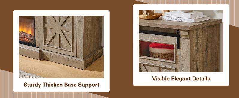 Fireplace TV Stand for up to 80 Inch TVs, 32’’ Tall LED Entertainment Center with Electric Fireplace, Farmhouse TV Console Table w/Sliding Barn Door & Window for Living Room, Rustic Gery