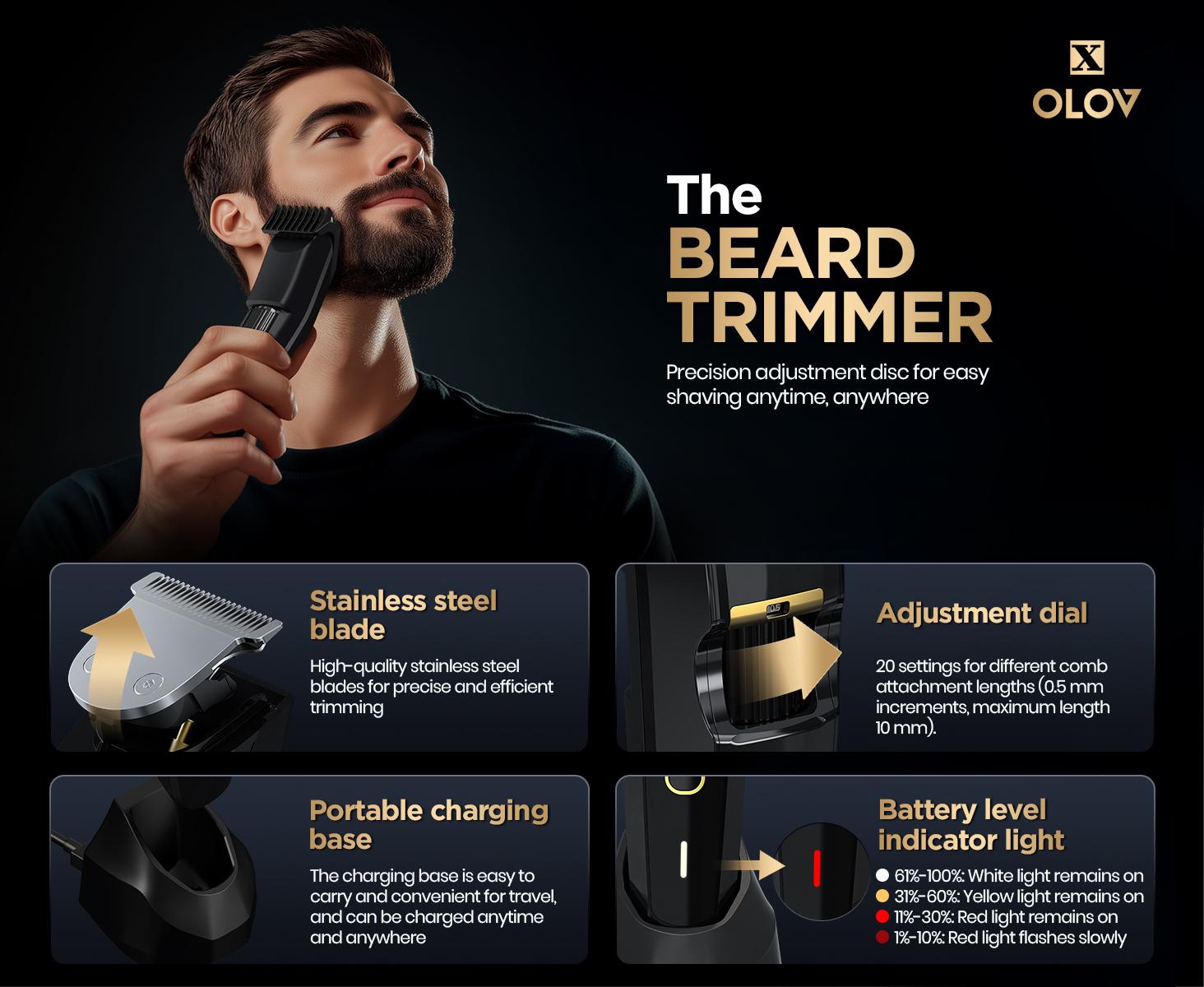 OLOV-X The Beard Hedger Premium Men's Beard Trimmer,20-Long Adjustable Blade Wheel, Stainless Steel T-Blades for Precise Trimming of Facial Hair, Cordless Waterproof Wet/Dry Hair Clipper