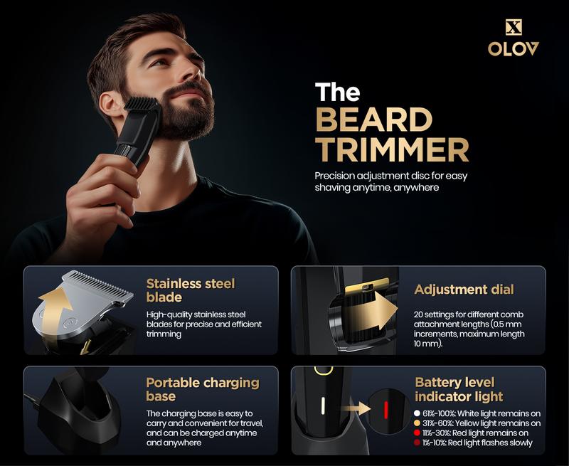 OLOV-X The Beard Hedger Premium Men's Beard Trimmer,20-Long Adjustable Blade Wheel, Stainless Steel T-Blades for Precise Trimming of Facial Hair, Cordless Waterproof Wet/Dry Hair Clipper
