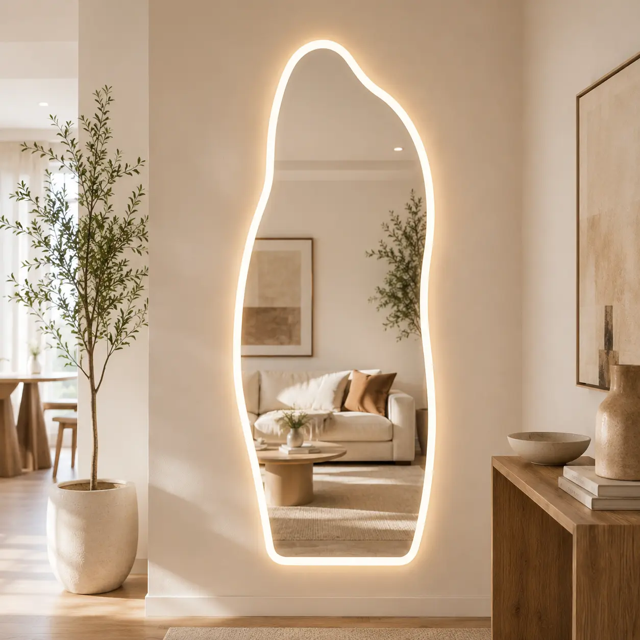 65"x25" Irregular Glam LED Full Length Mirror, Wall-Mounted Asymmetrical Tempered Glass Mirror with 3-Color Lighting, Stepless Dimming, Touch Control for Modern Homes, Bedroom, Closet