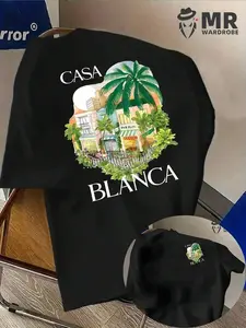 New Fresh Holiday Style! "CASA BLANCA" Tropical Street Scene Print White T-Shirt,  Men's Summer Short Sleeve T-Shirt, Round Neck Short Sleeve Top, Casual Loose Knit T-Shirt, Suitable For Daily Wear And Casual Sports T-Shirt