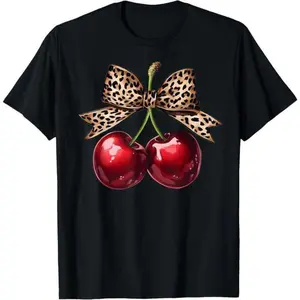 Cotton Retro Cherry Leopard Graphic Tee Featuring Coquette Bow and Cute Cherries for Women and Girls