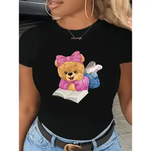 Casual Women's Round Neck T-Shirt with Bear Print Short Sleeves Polyester Comfortable Fit Spring Summer Fashion Top All Season Knit Fabric