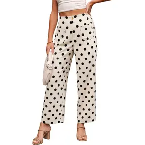 Asvivid Women's Polka Dot Print Patched Pocket Loose Pants Bottom Casual Trousers