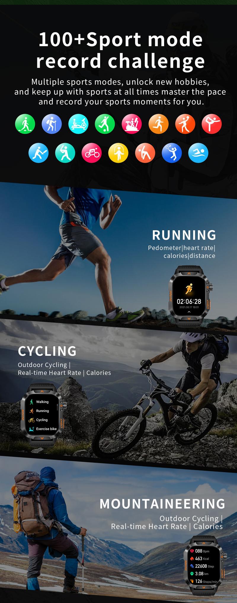 New Smart Outdoor Watch with Call Answering Dialing 100 Sports Modes 600mAh Battery LED Light Weather Tracker Pedometer Fitness Tracker for Android iOS Phones Gift for Men Women