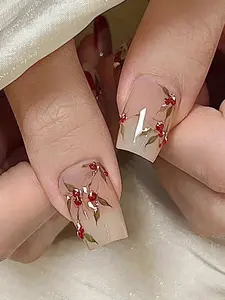 ROSY x Elegant Red Bean Flower Press-On Nails - Medium Ballerina Shape, Glossy Finish, Floral Ombre Design, Suitable For Women & Girls Nail Supplies Nails