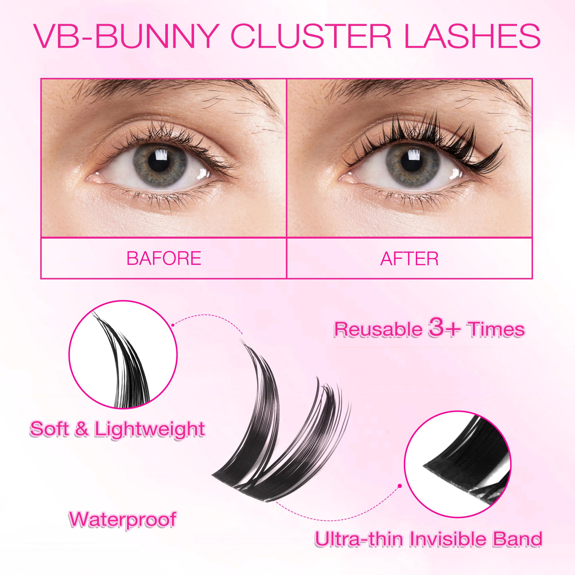 VEYESBEAUTY VB-Bunny Cluster Lashes 100% Handcrafted Ultra-thin Extremely Fine Invisible Band False Eyelash Wispy Faux Mink Lash Mixed Length DIY Eyelash Extension for Self Makeup Cosmetic Application at Home