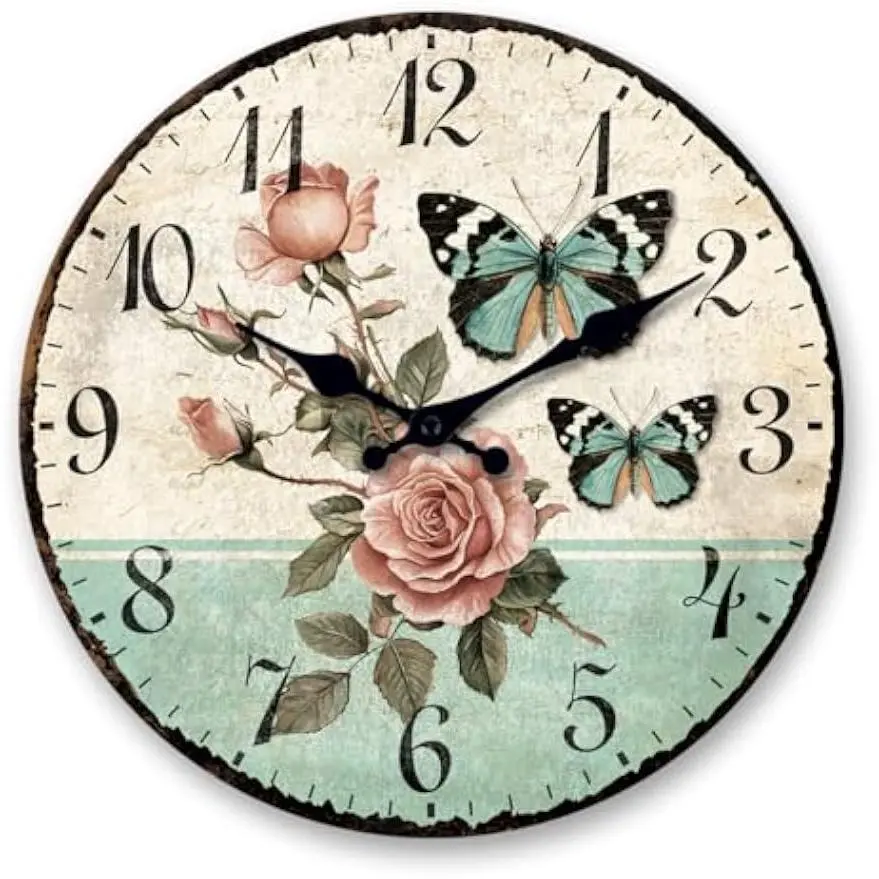 12inch Vintage Floral Wall Clock Silent Non-Ticking | Battery Operated Blue Butterfly Rose Small Wooden Wall Clocks for Kitchen Living Room Bedroom Farmhouse