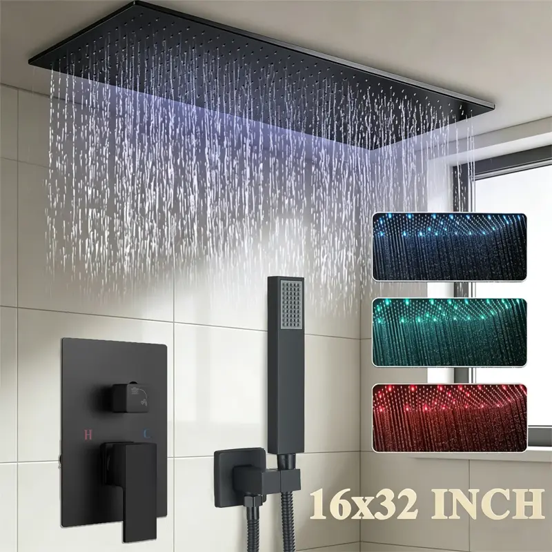 16 × 32 Inches LED Shower Faucet Set Rain Shower System, 40 × 80 CM Rainfall Shower Head and Handheld Spray Combo, Ceiling Mount Bathroom Shower Faucet Set Complete Shower Mixing Valve and Trim Kit, Matte Black/Brushed Gold/Polished Chrome/Brushed Nickel