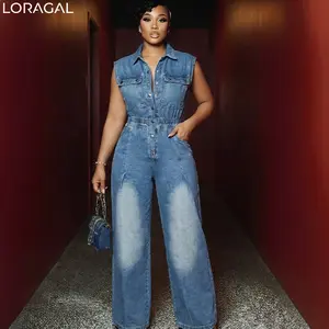 Loragal Sleeveless Button Front Cinch Waist Flare Leg Denim Jumpsuit With Pockets