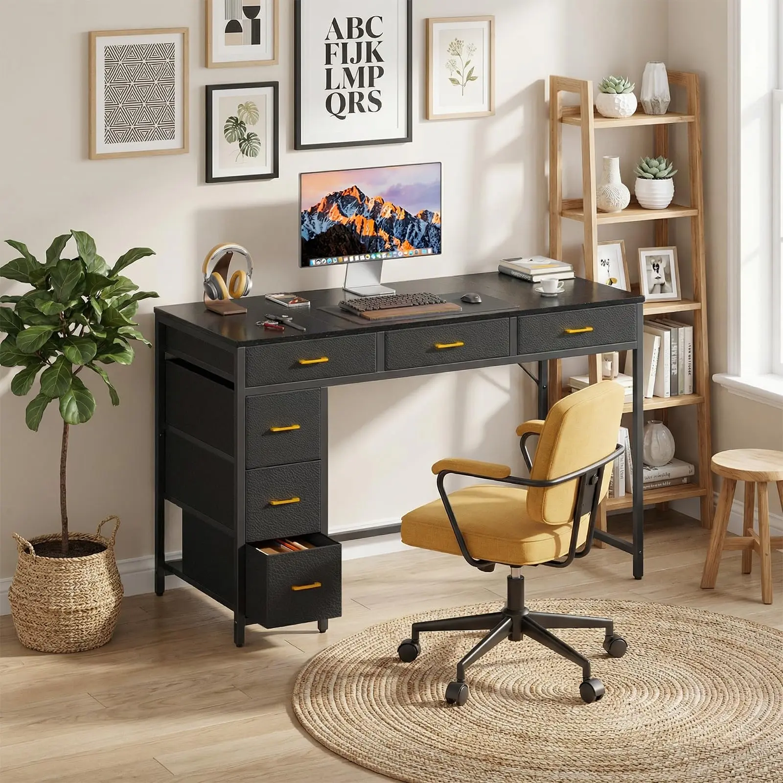 47" Bamboo Computer Laptop Desk with 6 Drawers - Office Furniture for Home Office, Gaming - Large Storage for Dual Monitor Setup, Bedroom, Apartment Stuff (Black), Desk For Bedroom