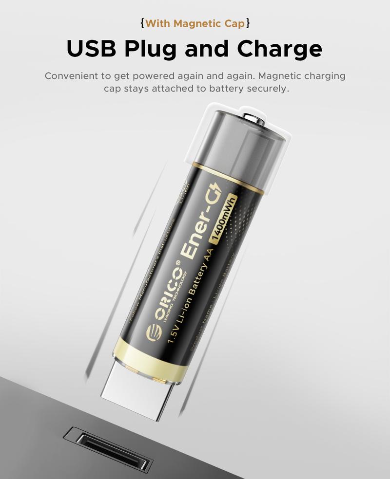 ORICO Ener-G Lithium ion Battery Rechargeable AA Batteries 1400mWh USB-A Direct Charging 1.5H Fast Full-Charged 1500 Cycles for Mouse Keyboards RC Remotes Flashlights-EG5A