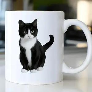 Eleven Ounce Black and White Cat Ceramic Coffee Mug with Insulated Reusable Travel Design